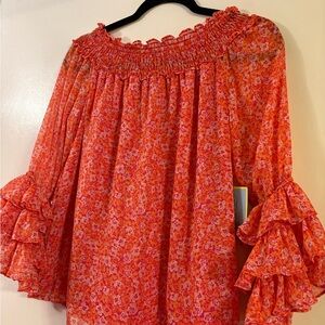 CeCe Orange and Pink Smocked Bell Sleeve Blouse